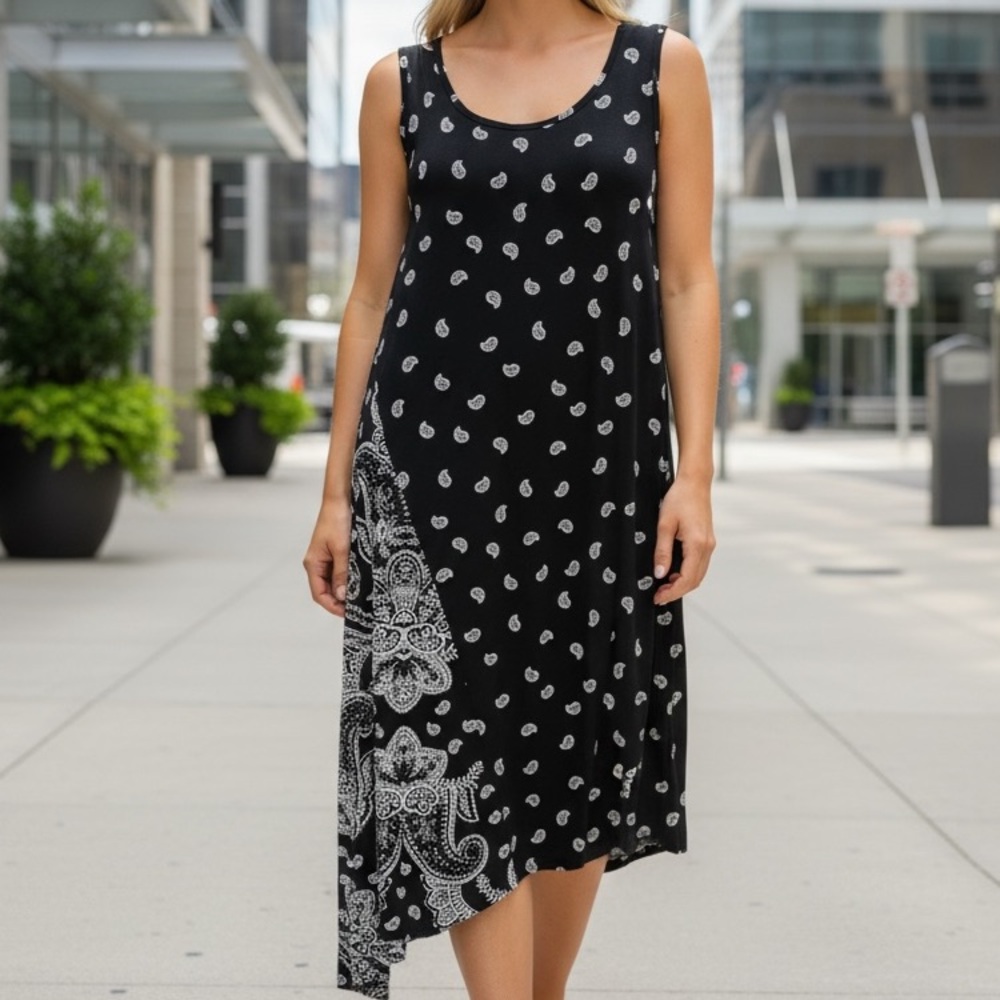 NWT Chico's Bandana Harmony Black and White Asymmetrical MIDI Dress